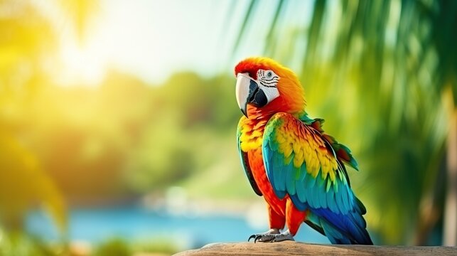 Portrait Colorful parrot bird on blur background. AI generated image