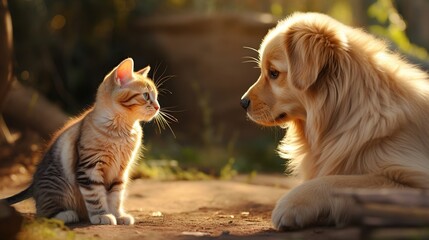 Cat and dog sit down together isolated blur background. AI generated image