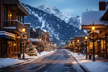 Winter Wonderland in Downtown Aspen, Resort, Shopping, and Snow-Covered Streets Against Blue Skies