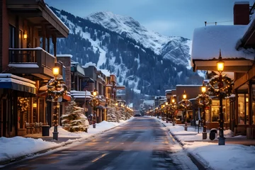 Foto op Canvas Winter Wonderland in Downtown Aspen, Resort, Shopping, and Snow-Covered Streets Against Blue Skies © Jhon