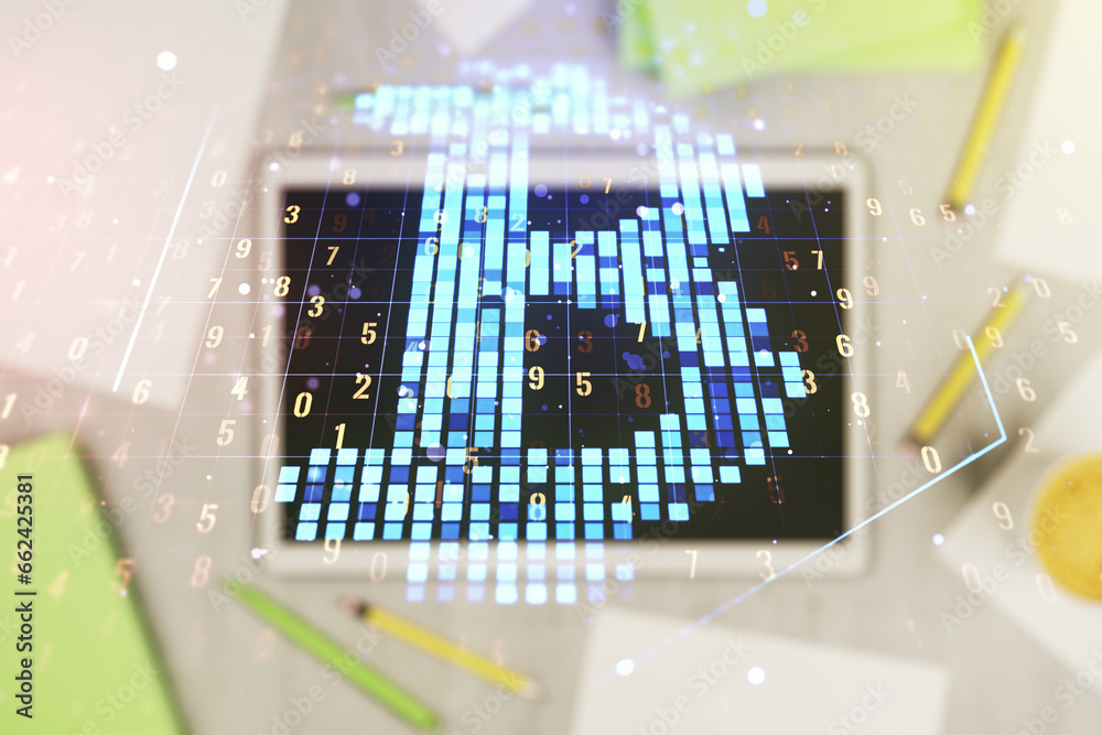 Poster Creative Bitcoin concept and modern digital tablet on desktop on background, top view. Double exposure