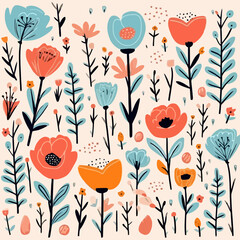 Rustic florals quirky doodle pattern, background, cartoon, vector, whimsical Illustration