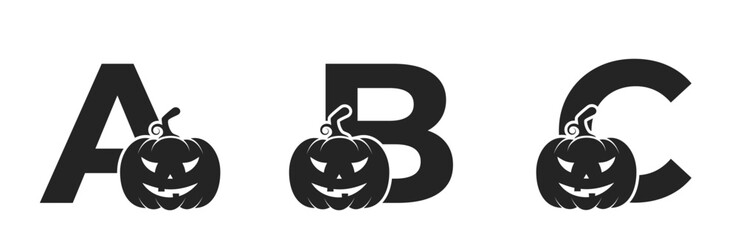 a b c letters with jack o lantern. halloween and autumn alphabet design. pumpkin face vector image