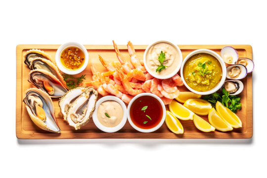 Sea food plate . Assortment of natural delicious sea products with lemon slices, olives and souses on wooden board on white background. Healthy food. Snacks for wine. Flat lay, closeup