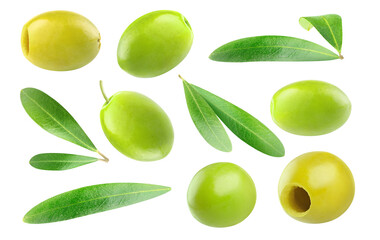 Collection of green fresh and marinated olives and olive leaves cutout