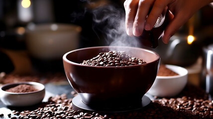 Experience the art of coffee preparation with a close-up view of a hand skillfully grinding coffee beans, releasing the rich, aromatic aroma. - obrazy, fototapety, plakaty