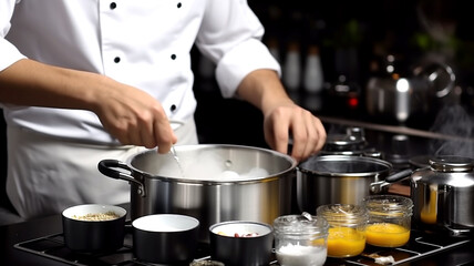 Get a glimpse of a chef creating culinary magic by meticulously adding ingredients to a dish in a close-up cooking scene.