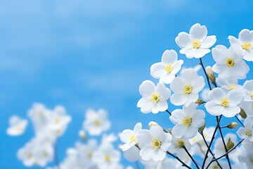 Fototapeta na wymiar Closeup View Of Spring Forest White Flowers Primroses Against Beautiful Blue Background With Gentle, Blurred Skyblue Backdrop, Providing Space For Text And Creating Romantic