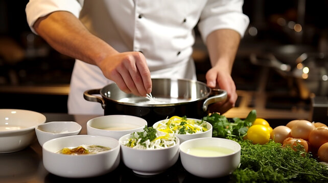 Witness a chef's culinary expertise as they carefully add ingredients to a dish, a pivotal moment in the cooking process.