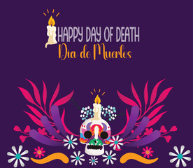 Day of the dead, Dia de los muertos, banner with colorful Mexican flowers. Fiesta, holiday poster, party flyer, funny greeting card