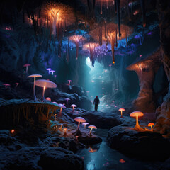 Subterranean cave filled with crystalline formations and glowing fungi