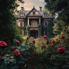 Victorian era mansion hidden behind a thicket of overgrown roses