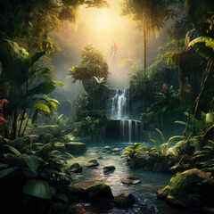 Lush jungle with exotic animals and hidden waterfalls
