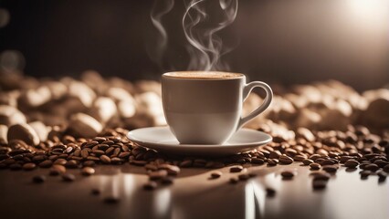 AI generated illustration of a cup of hot coffee set atop a bed of freshly roasted coffee beans