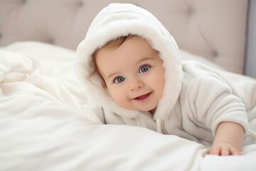 Fototapeta na wymiar Little newborn baby boy smiling in crib