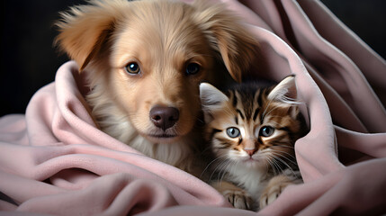 Cuddly companions hidden under a cozy pink blanket