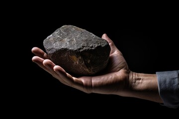 Naklejka premium Hand Holding Stone Against Dark Background