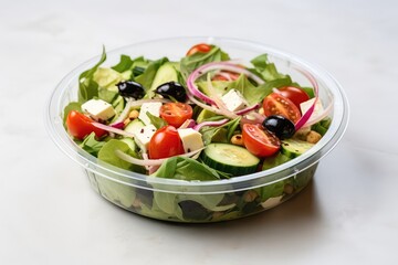 Healthy Greek Salad Packed In Plastic Container For Takeaway Or Food Delivery, Presented On White Marble Background