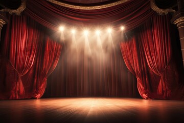 An Empty Stage With Red Curtains - obrazy, fototapety, plakaty