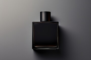 Mockup Of Black Fragrance Perfume Bottle On Dark, Empty Background, Viewed From The Top