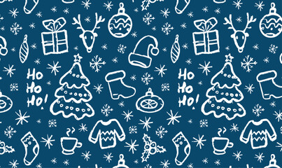 Christmas elements seamless pattern on blue background. Hand drawing brush style. Winter holidays wallpaper. Beige paper backdrop.
