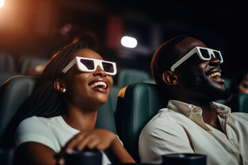 Couple laughing joyfully while watching a movie in 3D.