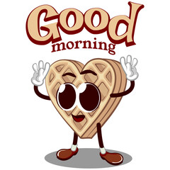 vector mascot character of a waffle cake in the shape of a heart with raised hands above it with the words good morning