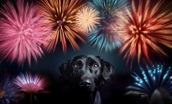 Black dog with expressive sad and frightened look, afraid of the vivid and vibrant fireworks exploding in the dark sky above