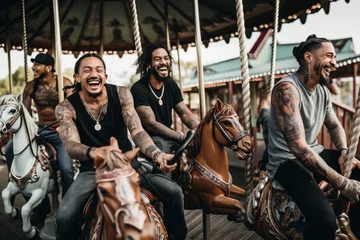 Foto op Aluminium Fun loving young men with neck and face tattoos riding carousel © blvdone