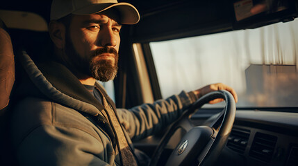 Experienced male truck driver with a hat sitting and driving his truck. Side view of professional driver behind the wheel in truck's cabin.. - obrazy, fototapety, plakaty