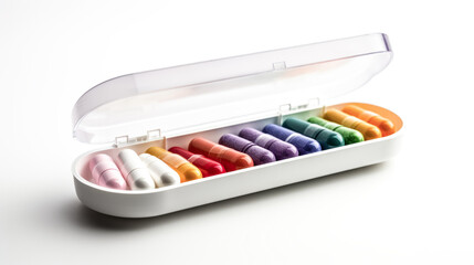 A person opens a white pharmacy pill organizer box to reveal its contents in a photo.