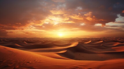A desert landscape at sunset, with rolling sand dunes and an intense, fiery sky as the sun dips below the horizon.