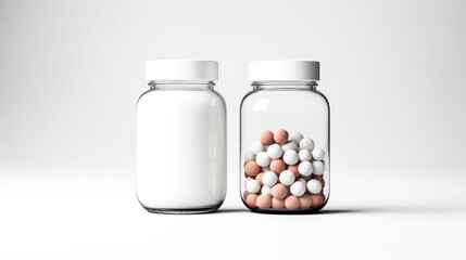 Two white prescription pill bottles stand on a surface in front of a blue background. The bottles have labels and caps on top.