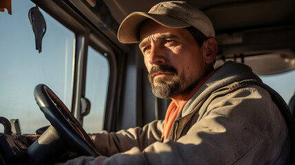 Experienced male truck driver with a hat sitting and driving his truck. Side view of professional driver behind the wheel in truck's cabin.. - obrazy, fototapety, plakaty