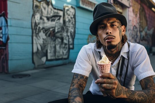 Young man with neck and face tattoos  eating ice cream outdoor