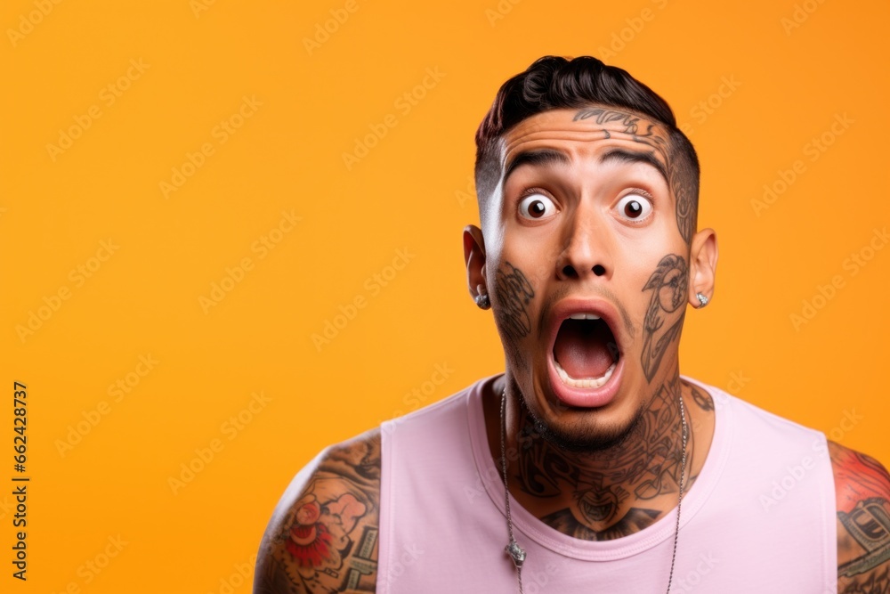 Sticker Young man with neck and face tattoos shocked reaction face