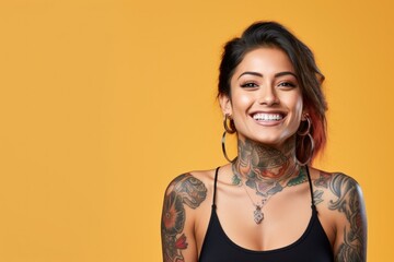 Young woman with neck and face tattoos happy smiling laughing - obrazy, fototapety, plakaty