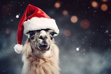 A portrait of a festive llama wearing a Christmas santa hat