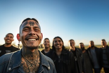 Young men with neck and face tattoos smile happy face - obrazy, fototapety, plakaty