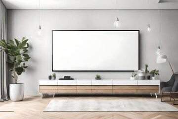 A sleek minimalist Canvas Frame for a mockup, positioned centrally above a white, low-profile TV stand, in a modern TV room with subtle ambient lighting casting soft shadows.