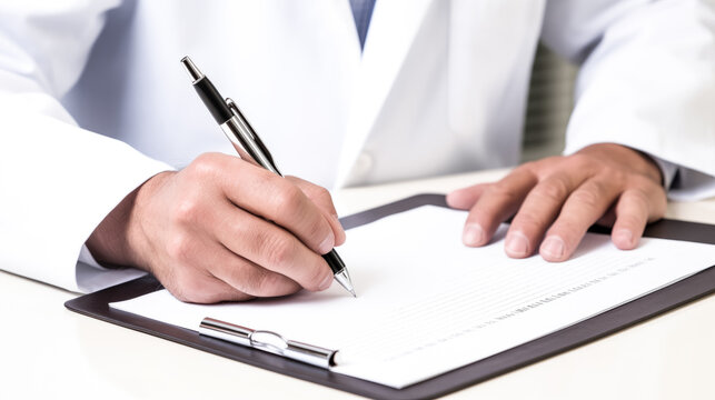 A doctor's hand writes a prescription in neat handwriting, with a focused and serious expression.