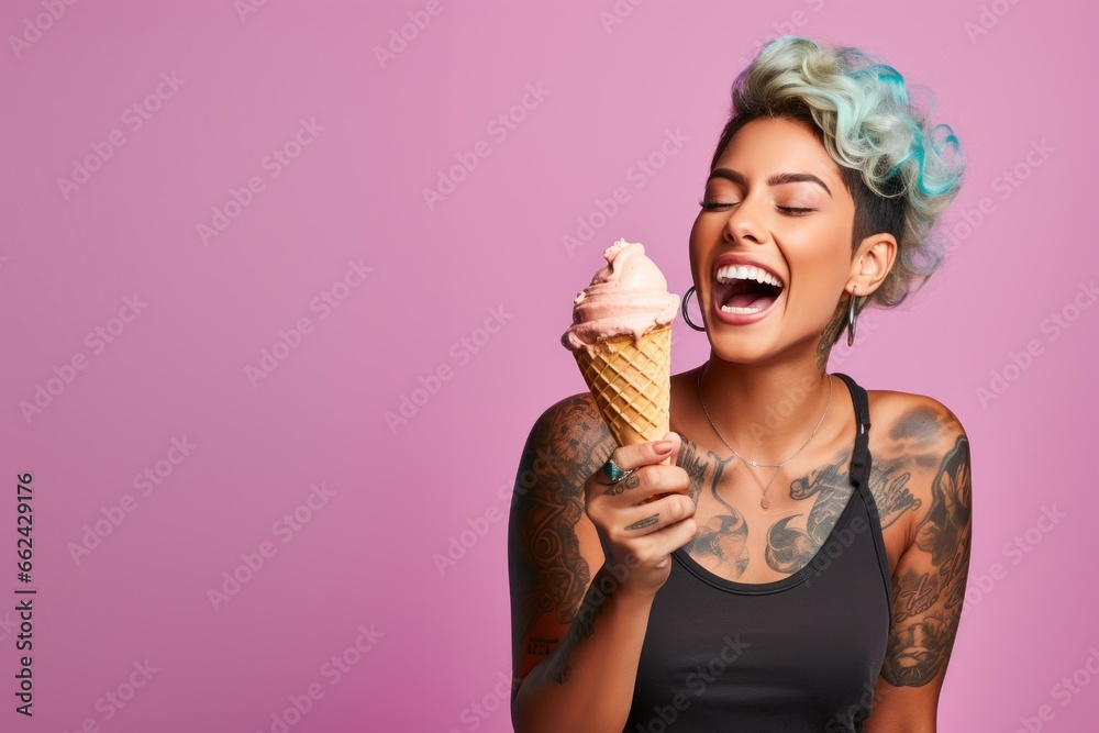 Poster young woman with neck and face tattoos eating ice cream