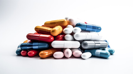 A colorful pile of prescription pills sits in front of a white background.