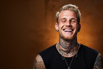 Young man with face and neck tattoos smile happy face - Powered by Adobe