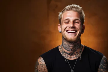 Foto op Aluminium Young man with face and neck tattoos smile happy face © blvdone