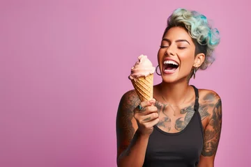 Fotobehang Young woman with neck and face tattoos eating ice cream © blvdone