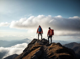 Fototapeta premium Teamwork concept with two man friend reach the mountain top