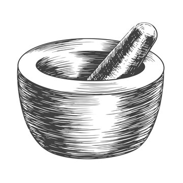 recommend clip art: Engraving style mortar and pestle for grinding spices on white background. Sketch style cookware. Hand drawn black and white illustration of kitchenware