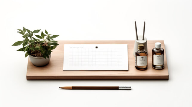 A neatly organized desk with a wooden pen holder sits in front of a window, creating a serene workspace.