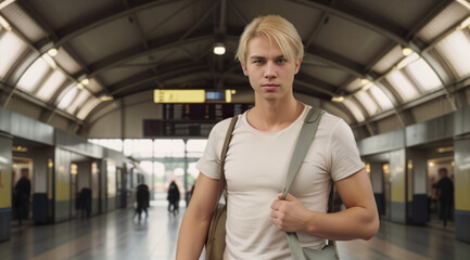 Fototapeta premium Young blond guy with travel bags at the station, platform with people, information board, sign